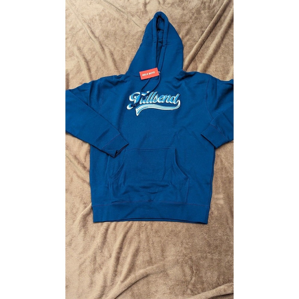 Full Send Nelk Boys Script Logo Pullover Hoodie Sweatshirt Blue Sz M